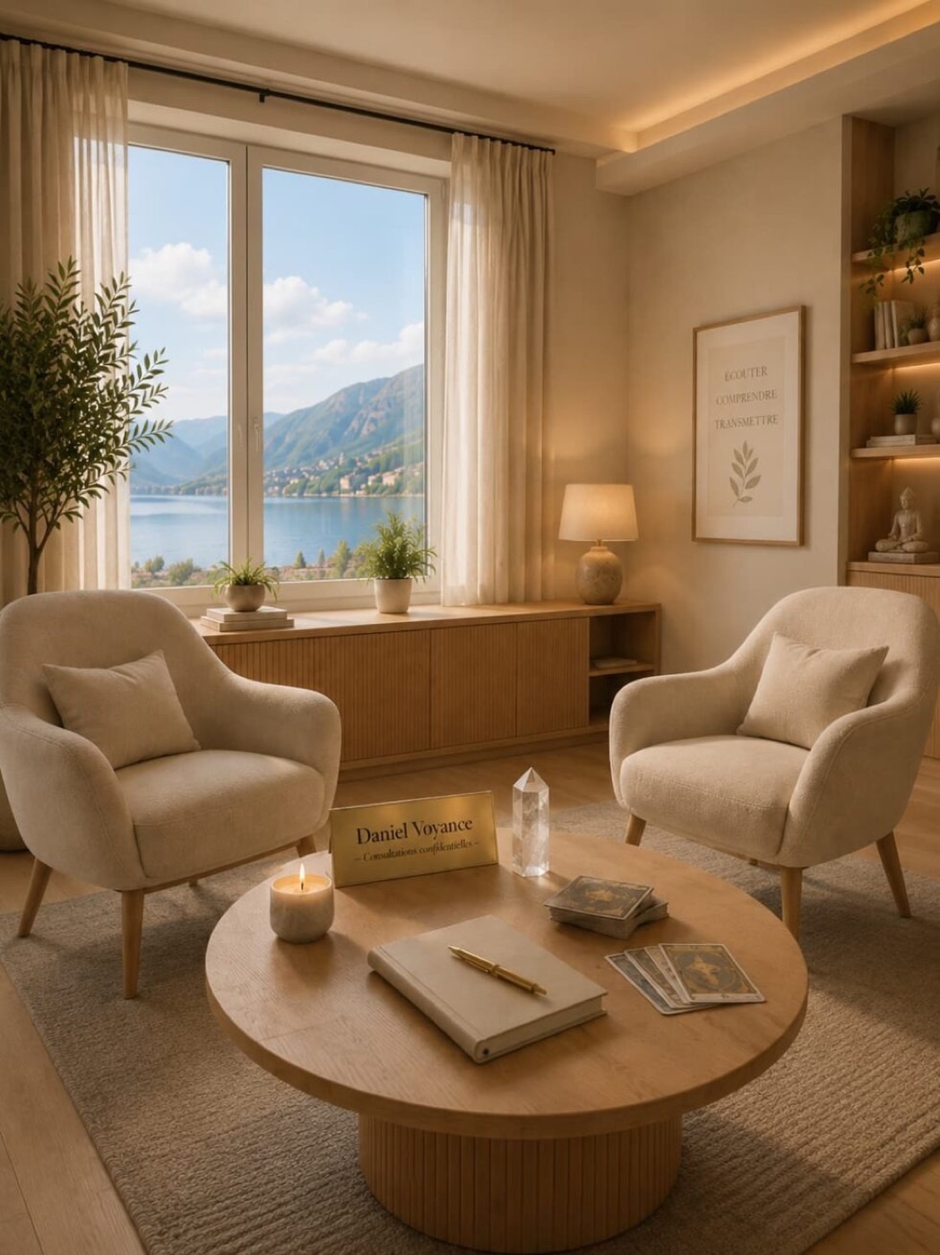 Cabinet chaleureux de Daniel Voyance avec vue sur un lac suisse